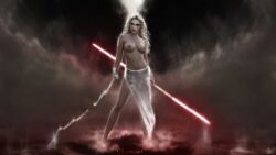 1girls blonde_hair chains curly_hair darth_zannah double_bladed_lightsaber eye_markings large_breasts lightsaber long_hair looking_at_viewer sarong sith sith_eyes star_wars topless vemiart yellow_eyes