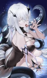 azur_lane bare_shoulders black_dress breasts cg cleavage dress eyes_visible_through_hair fancy_(azur_lane) female grey_eyes grey_hair hair_between_eyes hair_ribbon large_breasts long_hair looking_at_viewer open_mouth sitting solo tentacle tongue tongue_out torn_clothes very_long_hair water white_hair