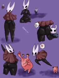 ambiguous_gender arthropod ass big_butt black_body black_eyes bottomless breasts cloak cloak_only clothed clothing duo female gesture hand_gesture hi_res hollow_knight_(franchise) hornet_(hollow_knight) hug hugging_another hugging_butt humanoid kissing male male/female nude small_breasts team_cherry the_knight_(hollow_knight) thick_thighs thumbs_up wakke