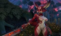 3d_(artwork) anthro artipaws_(artica) blizzard_entertainment blue_eyes breasts canid canine digital_media_(artwork) female fox fur genitals grass heterochromia hi_res mammal moss multicolored_body multicolored_fur nipples nude orange_eyes plant pussy solo tail tattoo toxik_enzis tree vulpera warcraft weapon widescreen