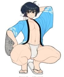 1boy 1femboy 2d 2d_(artwork) abs athletic balls_in_panties balls_under_clothes blue_clothing bottom_heavy bottom_heavy_femboy bottomwear bulge bulge_through_clothing bulge_under_clothes chest dark_hair fair_skin femboy gay hand_behind_head hand_on_thigh hazel_eyes headband headwear light-skinned_male light_brown_eyes light_skin male mctamagomaki muscular muscular_thighs panties posing posing_for_picture posing_for_the_viewer sandals short_hair solo solo_male sparkle sparkles squat squatting thick_thighs toned_body toned_male toned_stomach white_panties yukata