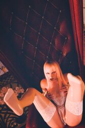 1girls 3d blender blonde_hair breasts covering_breasts emilie_de_rochefort feet female forsavide lingerie looking_at_viewer medium_breasts namco painted_nails purple purple_eyes pussy soles stockings tekken tekken_8