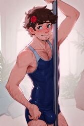 ai ai_generated blue_bodysuit blush bodysuit brown_eyes brown_hair bulge bulge_under_clothes clothed hairpin hairy_arms hairy_chest hairy_male male male_only muscular original_character pole pole_dancing short_hair slender_body slim smiling sweat tight_clothing