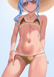 1girls ass belly_button bikini blue_hair breasts diptip gold_bikini hat hololive hololive_japan hoshimachi_suisei nail_polish necklace small_breasts solo sunglasses sweat sweaty sweaty_body swimsuit virtual_youtuber