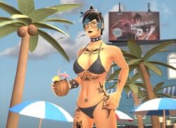 beach bikini bikini_bottom bikini_top cleavage cristygallagher femscout femscout_(alt_design) femscout_(cristygallagher) goth goth_girl nerdy_female punk_girl short_hair tattoos tomboy