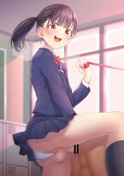 2boys :d anal ass bangs bar_censor black_hair blush brown_eyes censored classroom femboy femboy_on_male femboydom girly highres hokuro_ryuuseigun indoors jacket josou_seme leash_pull long_sleeves looking_at_viewer multiple_boys open_mouth original otoko_no_ko panties penis pleated_skirt red_neckwear sex sex_from_behind side_ponytail skirt smile sweat testicles trap underwear white_panties yaoi