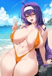 1girls ai_generated areola_slip big_breasts bikini female fire_emblem fire_emblem:_path_of_radiance fire_emblem:_radiant_dawn green_eyes headband light-skinned_female long_hair looking_at_viewer mia_(fire_emblem) orange_bikini purple_hair sling_bikini slingshot_swimsuit smile smiling smiling_at_viewer teasing tharkica thick_thighs v_sign wide_hips