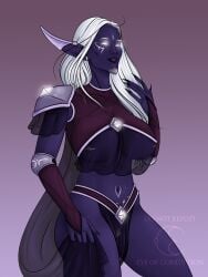belt big_breasts black_nails body_plates chinguard chinplate crop_top earplate earrings eyeofcorruption fantasy female female_only gems gloves glow glowing glowing_eyes light_hair long_hair long_nails looking_away magic makeup nightborne original pointy_ears pubic_tattoo purple_skin runes sharp_nails shiny shoulder_armor shoulder_pads smile solo straight_hair tattoo thick_thighs underboob warcraft white_eyes white_hair wide_hips world_of_warcraft