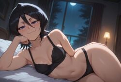 ai_generated bedroom black_bra black_hair black_panties bleach bra closed_mouth elbow_rest female from_front_position front_view kuchiki_rukia looking_at_viewer naughty_face night on_side panties purple_eyes reclining short_hair slight_blush solo solo_female zxcfiend