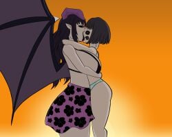 2d 2d_(artwork) 2d_artwork 2girls arms_around_partner ass big_ass big_breasts big_butt bikini black_eyes black_hair black_lips black_lipstick black_lipstick_mark breasts camille_(pshelly) demon demon_wings different_species digital_drawing_(artwork) digital_media_(artwork) emer’s_quest emer_(pshelly) female female/female hugging human human/demon human_female kiss_mark kissing large_breasts lesbian lesbian_kiss lesbians mk210 monster monster_girl mwah pointy_ears skirt smooch succubus succubus_horns sunset wings yellow_pupils yuri