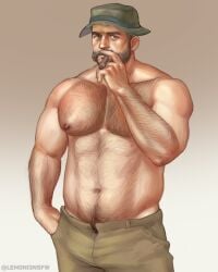 bara barry_sloane beard bearded body_hair call_of_duty call_of_duty_modern_warfare_2_(2022) captain_price chest_hair cigar cod dad_bod daddy dilf hairy hairy_arms hairy_chest hairy_male hairy_pubes hat john_price lemoni3 looking_at_viewer male male_only moustache muscles muscular muscular_male nipples pants pubes pubic_hair shirtless smoking solo_male