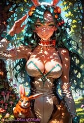 ai_generated areolae areolae_slip blue_hair chloe_(fire_emblem) cleavage earrings easter easter_bunny easter_egg fire_emblem fire_emblem_engage fire_emblem_heroes green_eyes green_makeup hair_ribbon leotard manofmidas spring