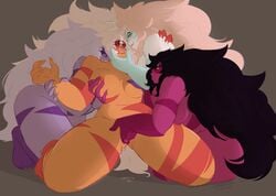 4girls alien amethyst_(steven_universe) big_breasts big_lips biting black_hair blush breast_grab cartoon_network claws garnet_(steven_universe) gem gem_(species) gem_fusion jasker_(artist) jasper_(steven_universe) kneeling multiple_girls neck_bite orange_skin pearl_(steven_universe) purple_hair purple_skin restrained steven_universe stripes submissive thick_thighs wet_pussy white_skin yuri