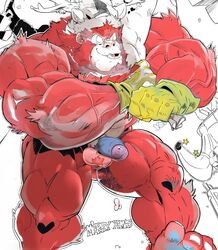 2016 anthro ape balls christmas clothing fur gloves gorilla holidays male male_only mammal muscular muscular_arms muscular_male nude open_mouth open_smile penis primate red_fur smile solo thy_carker thymilph vein