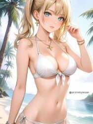 2025 ai_generated beach_background belly blonde_eyebrows blonde_female blonde_hair_female blue_eyes_female golden_bracelet golden_earrings golden_neckwear hand_on_head instagram looking_at_viewer meta not_porn red_cheeks red_lipstick silver_bracelet sky_background smile_at_viewer smiling_at_viewer tummy unknown_artist unknown_character white_bikini