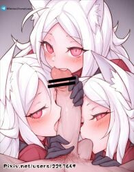 1boy 3girls animal_ear_fluff animal_ears balls bar_censor black_gloves blush censored cerberus_(helltaker) cooperative_fellatio demon_girl dog_ears dog_girl erection fellatio female gloves group_sex harem helltaker licking licking_penis long_hair looking_at_viewer male male_pubic_hair multiple_girls oerba_yun_fang oral penis pixiv_id pov pubic_hair red_eyes red_shirt shimaidon_(sex) shirt siblings sisters straight teamwork testicle_sucking testicles tongue tongue_out triplets watermark web_address white_hair