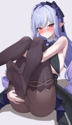 1girls artist_request big_breasts blush blushing busty cameltoe feet female female_only hoyoverse large_breasts light-skinned_female light_skin mihoyo pantyhose partially_clothed purple_hair red_eyes vivian_(zenless_zone_zero) zenless_zone_zero