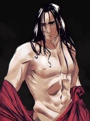 black_hair jia_qiu_(limbus_company) limbus_company long_hair male male_only project_moon scar sweat torso torso_shot towel