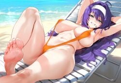 ai_generated armpits beach big_breasts feet fire_emblem fire_emblem:_path_of_radiance fire_emblem:_radiant_dawn green_eyes headband long_hair looking_at_viewer mia_(fire_emblem) purple_hair sling_bikini slingshot_swimsuit smile smiling smiling_at_viewer tharkica thick_thighs wide_hips