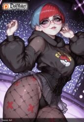 ai_generated dollmaker dollmaker_(artist) female fishnet_legwear fishnets glasses grey_eyes hood hood_down hoodie multicolored_hair night pantyhose patreon_logo patreon_username penny_(pokemon) pokemon red_hair short_hair smile solo space star_(sky) starry_sky tagme tattoo watermark