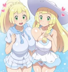 2girls :d absurdres alternate_breast_size asymmetrical_docking bare_shoulders blonde_hair blue_background blue_dress blush bow bow_panties braid breast_press breasts cameltoe cleavage clothes_lift collarbone commentary_request cowboy_shot dress dual_persona female female_focus green_eyes hand_on_own_chest hat heart high_ponytail highres hitokiwa_kenchin huge_breasts lillie_(pokemon) long_hair looking_at_viewer miniskirt multiple_girls nintendo open_mouth panties pantyshot pleated_skirt pokemon pokemon_sm pokemon_usum ponytail simple_background skirt skirt_lift smile sparkle standing sun_hat sundress tagme teeth thighs twintails two-tone_dress underwear upper_teeth_only white_dress white_hat white_panties white_skirt yuri