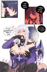 2girls absurdres acheron_(honkai:_star_rail) bare_shoulders black_gloves black_swan_(honkai:_star_rail) blush breasts coat couple detached_sleeves dress elbow_gloves english_text french_kiss gloves grabbing_another's_breast grabbing_from_behind groping hair_spread_out highres honkai:_star_rail honkai_(series) kissing large_breasts long_hair multiple_girls nipple_stimulation nipples pantyhose purple_dress purple_eyes purple_gloves purple_hair purple_sleeves purple_veil single_wide_sleeve sleepy_kaslana veil very_long_hair white_coat yellow_eyes yuri