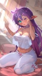 1girls bed blue_eyes breasts cleavage clothed clothing cute female female_only indoors life_is_pi long_hair navel pajamas panties purple_hair shantae shantae_(character) sleepwear solo solo_female sweatpants tan-skinned_female tan_skin tired tired_eyes