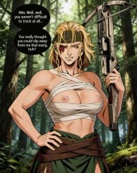 ai_generated areola areolae armpit athletic_female bandages bandana bare_breasts belly big_breasts blonde-haired_female blonde_female blonde_hair blonde_hair_female blue_eyes boobs_out breasts breasts_out clothes_pulled_down collarbone crossbow dialogue doofusschlormpai exposed exposed_breasts exposed_midriff exposed_nipples exposed_torso female_focus female_only fit_female forest forest_background half-dressed half_naked hand_on_hip headband hild_(vinland_saga) holding_crossbow hunter huntress large_breasts light-skinned_female light_skin makeshift_bra manga manga_style mature_female mature_woman medieval nature_background naughty_face naughty_smile navel nipples nordic norse_woman outdoors scandinavian scar_across_eye sexy sexy_body sexy_female sexy_pose solo_female solo_focus speech_bubble stable_diffusion standing stomach tits_out toned_female viking_female vinland_saga voluptuous_female