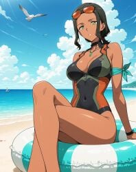 2025 ai_generated anime beach_background black_eyebrows black_hair_female black_sunglasses blue_bracelet blue_necklace brown_body brown_skin crunchyroll green_eyes_female instagram manga meta moewaifuplus neopn_genesis_evangelion not_porn object_in_hand red_hairband sitting_on_balls sky_background sumire_nagara sunglasses_on_head swimsuit teeth_showing