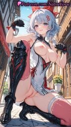 1girls 2025 ai_generated armpits bangs bare_shoulders black_gloves blue_eyes blue_hair blush boots bow breasts breasts_out carlotta_(wuthering_waves) china_dress chinese_clothes clothing_cutout dress exhibitionism female female_only gloves hair_ornament hairbow hi_res high_heels highres knee_boots looking_at_viewer medium_breasts natsuyoru nipples no_panties outdoors patreon pussy red_bow sleeveless sleeveless_dress smile solo thighhighs thighs uncensored vagina voluptuous voluptuous_female white_dress wuthering_waves
