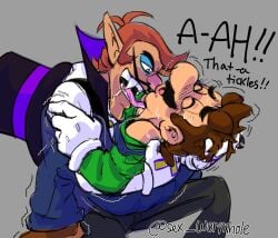 ! 2boys arms_around_back artist_name black_pants blue_overalls brown_hair closed_eyes clothing duo english_text facial_hair fangs gay gloves green_shirt hand_on_head hat holding_head licking licking_neck luigi male male/male male_only mario_(series) mario_kart mario_kart_tour nintendo open_mouth overalls pink_tongue pointy_ears sex_wormhole shirt shivering sitting teeth tongue tongue_out top_hat trembling vampire waluigi white_gloves white_shirt