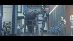 3d animated anime_screenshot ass ass_focus ass_shake breasts cropped_jacket female from_side large_breasts lower_body pants police police_uniform policewoman sideboob swaying tactical_clothes tight_clothes tight_pants walking zenless_zone_zero zhu_yuan