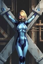 afraid ai_generated blonde-haired_female blonde_female blonde_hair blonde_hair_female bondage captured captured_heroine gas_mask samus_aran zero_suit_samus