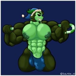biceps brawl_stars bulge cocokun! facial_hair gay green_body horns male male_only mico_(brawl_stars) muscular pecs santa_hat sharp_teeth tagme