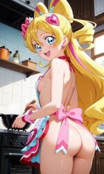 1girls ai_generated apron ass ass blonde_hair cure_idol female female_only idol kimi_to_idol_precure kite_gt light-skinned_female light_skin magical_girl naked naked_apron nude nude_female precure pretty_cure sakura_uta solo toei_animation