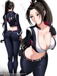 ! absurdres artist_name ass black_gloves black_hair black_jacket black_pants breasts cleavage collarbone crop_top cropped_jacket curious english_text fatal_fury fatal_fury:_city_of_the_wolves female gloves grey_eyes heart high_ponytail highres jacket large_breasts mai_shiranui midriff multiple_views navel official_alternate_costume opalis opalisart pants patreon_logo patreon_username ponytail shiranui_mai stomach street_fighter street_fighter_6 tight_clothes tight_pants watermark web_address