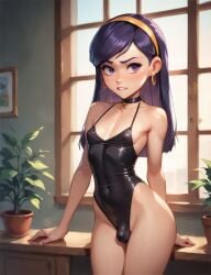 1futa ai_generated black_dress bulge bulge_through_clothing bulge_under_clothes flat_chest futa_focus futa_only futanari intersex pixar sexy sexy_body small_breasts small_penis the_incredibles tiny_penis violet_hair violet_parr