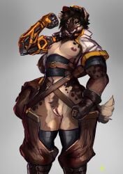2024 absurd_res andromorph andromorph_anthro anthro bag belt biceps biped black_clothing black_gloves black_handwear black_inner_ear black_legwear black_nose black_thigh_highs bottomwear brown_body brown_clothing brown_footwear brown_fur brown_hair brown_spots clothed clothing colored countershade_fur countershade_legs countershade_torso countershading crotchless_bottomwear crotchless_clothing crotchless_pants cuntboy cybernetic_arm cybernetic_limb digital_media_(artwork) digital_painting_(artwork) eyelashes facial_markings flexing footwear front_view fur genitals gloves green_eyes grey_background grin hair handwear hat head_markings headgear headwear hi_res humanoid_genitalia humanoid_pussy hyena intersex intersex_anthro jacket legwear looking_at_viewer mammal markings mechanic monotone_hair multicolored_body multicolored_fur muscular muscular_andromorph muscular_anthro muscular_intersex muzzle_(marking) narrowed_eyes nipples open_clothing open_jacket open_topwear painting_(artwork) pants partially_clothed pink_nipples portrait pose pupils pussy shaded short_hair simple_background skimpy smile solo spots spotted_body spotted_fur spotted_hyena standing tail tan_body tan_countershading tan_ears tan_fur tan_tail thick_thighs thigh_highs three-quarter_portrait topwear white_clothing white_jacket white_topwear zerolativity