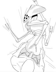 4_arms animal_genitalia anthro anthro_penetrated arthropod balls bird's-eye_view bykaas_(teraurge) cloaca cloacal cloacal_penetration dithering doggy_style female female_penetrated francis_xie from_behind_position genitals hi_res high-angle_view hip_grab human human_on_anthro human_penetrating human_penetrating_anthro humanoid_genitalia humanoid_penis interspecies looking_back male male/female male_penetrating male_penetrating_female mammal monochrome multi_arm multi_eye multi_limb penetration penis sex teratophilia teraurge trypophobia