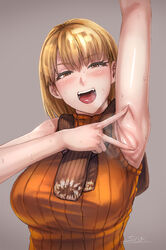 1girls armpit_fetish armpit_focus armpit_spread armpits ashley_graham ashley_graham_(brooke_elizabeth_mathieson) big_breasts blonde_hair blush eyebrows_visible_through_hair half-closed_eyes open_mouth plain_background resident_evil resident_evil_4 sgk source_request steaming_body sweat tongue v