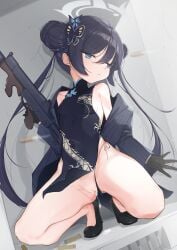 absurdres black_dress black_gloves black_hair blue_archive breasts bullet butterfly_hair_ornament china_dress chinese_clothes chinese_commentary cleft_of_venus coat commentary_request cs/ls06 cum cum_in_pussy cumdrip double_bun dragon_print dress female gloves grey_coat grey_halo gun hair_bun hair_ornament halo highres holding holding_gun holding_weapon kisaki_(blue_archive) kneeling long_hair panties pussy semisweet side-tie_panties sleeveless sleeveless_dress small_breasts solo striped_coat submachine_gun thong twintails uncensored underwear untied_panties vertical-striped_coat weapon