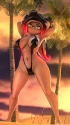 3d 3d_(artwork) beach black_hair dark-skinned_female dark_skin looking_at_viewer octoling octoling_girl octoling_rival palm_tree source_filmmaker splatoon tentacle_hair wing_fury