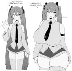 2girls big_breasts breasts canon_vs_fanon clothed clothes female female_focus female_only flat_chest flat_chested front_view hatsune_miku large_boobs large_breasts light-skinned_female light_skin long_hair long_hair_female looking_at_viewer monochrome multiple_females multiple_girls no_color ohasi ohasiart talking_to_viewer thick_thighs thighs vocaloid