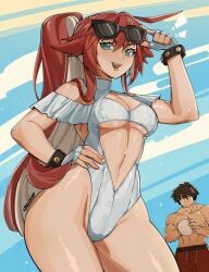1girls absurdres alohapz artist_name breasts cleavage clothing_cutout contrapposto cowboy female fingerless_gloves frilled_one-piece_swimsuit frills gloves green_eyes guilty_gear guilty_gear_strive hand_on_own_hip highleg highleg_one-piece_swimsuit highres jack-o'_valentine long_hair navel one-piece_swimsuit open_mouth ponytail red_hair red_swim_trunks sol_badguy sunglasses swimsuit thighs very_long_hair western white_hair white_one-piece_swimsuit yablofap