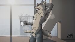 anthro armpit_hair bodily_fluids body_hair bottomwear canid canine canis clothing coffee_mug foreskin genital_fluids genitals hi_res leaking_precum male mammal morning mrramone musk musk_clouds nipple_piercing nipples pants penis piercing precum presenting scar sebastian_(mrramone) shirtless solo sunrise sweat sweatdrop sweatpants uncircumcised wolf