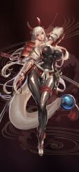 1girls 9:16 big_breasts breasts clothed exposed_breasts female game_cg horns king_of_kinks nipple_bulge nipples nutaku pink_eyes rin_(king_of_kinks) shoes stockings tagme thighs thighs_together