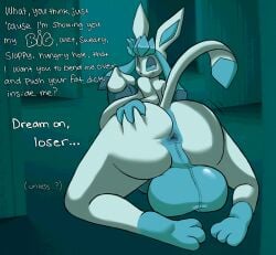 absurd_res animal_genitalia anthro anus arched_back ass balls bedroom_eyes big_balls big_breasts big_butt big_penis blue_background blue_body blue_fur breasts butt_grab canine_genitalia dirty_talk eeveelution english_text fur futanari generation_4_pokemon genitals glaceon glistening glistening_anus grinning_at_viewer hand_on_butt herm hi_res huge_balls huge_breasts huge_butt huge_cock hyper hyper_balls hyper_genitalia hyper_penis insult intersex kneeling leaning leaning_forward lolpiss looking_at_viewer looking_back narrowed_eyes nintendo paws penis pokemon pokemon_(species) raised_tail seductive simple_background smile smirk solo spread_anus spreading tail text the_backrooms uncensored wiggle