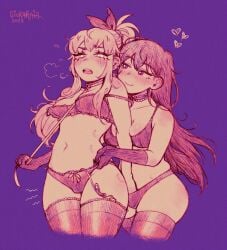 2023 2d 2d_artwork 2girls aubrey_(omori) bite_mark bite_marks blush bra choker collar female gloves hand_in_another's_panties heart leash lingerie mari_(omori) multiple_girls navel omori panties sinkaraia sintastein smile thighhighs underwear vibrator_in_thighhighs yuri