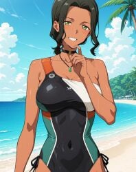 2025 ai_generated anime beach_background black_eyebrows black_hair_female blue_necklace brown_body brown_skin crunchyroll finger_on_head instagram looking_at_viewer manga meta moewaifuplus neopn_genesis_evangelion not_porn red_cheeks red_hairband sky_background smile_at_viewer smiling_at_viewer sumire_nagara swimsuit teeth_showing wet_body wet_skin wet_swimsuit