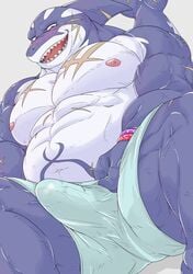 abs anthro biceps blush bottomwear clothed clothing erection fish hi_res m0000rgn male male_only marine muscular muscular_male pecs scar shark solo tokyo_afterschool_summoners typhon video_games